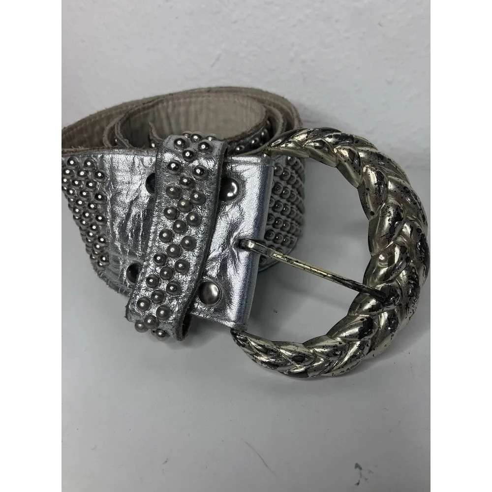 VTG Sand Castle New York Leather Belt Silver Studded Wide 80s Glam Rock 25-31